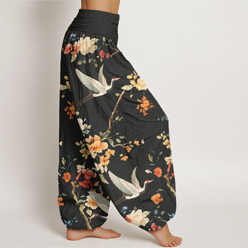 Buddha Stones Lässige Haremshose für Damen mit elastischer Taille und Kranich-Blumenzweig-Muster - image 2