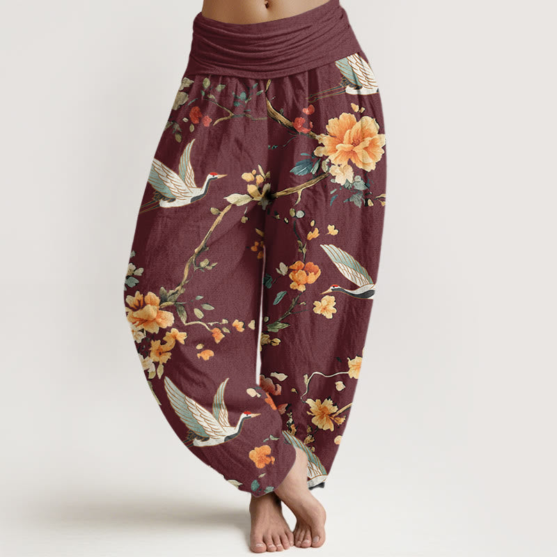 Buddha Stones Lässige Haremshose für Damen mit elastischer Taille und Kranich-Blumenzweig-Muster - Dunkelrot - US22， UK/AU26，EU54 (6XL) - image 5