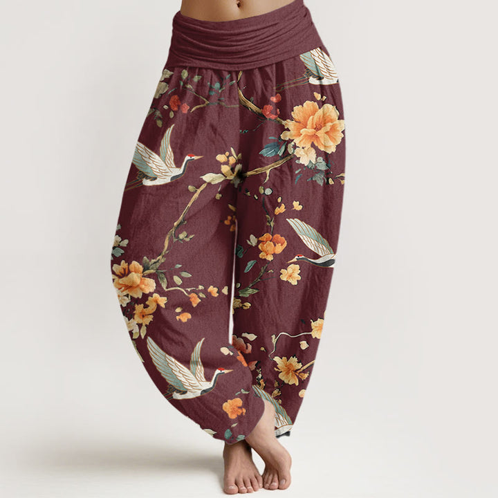 Buddha Stones Lässige Haremshose für Damen mit elastischer Taille und Kranich-Blumenzweig-Muster - Dunkelrot - US22， UK/AU26，EU54 (6XL) - image 5