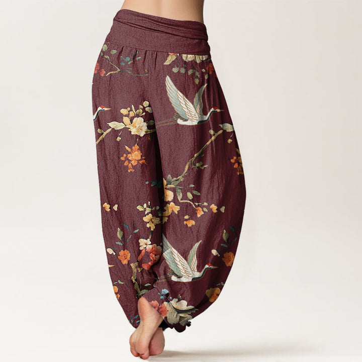Buddha Stones Lässige Haremshose für Damen mit elastischer Taille und Kranich-Blumenzweig-Muster - image 7
