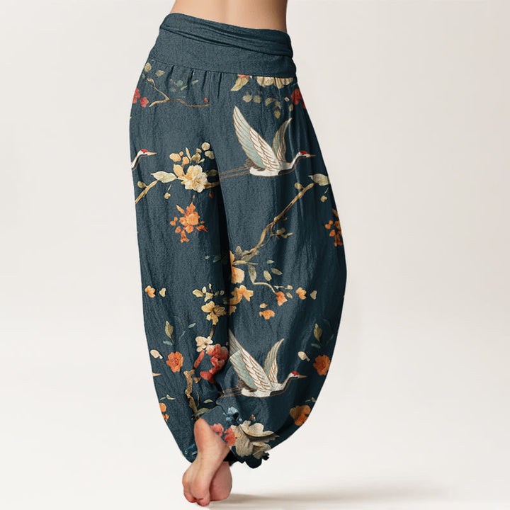 Buddha Stones Lässige Haremshose für Damen mit elastischer Taille und Kranich-Blumenzweig-Muster - image 10