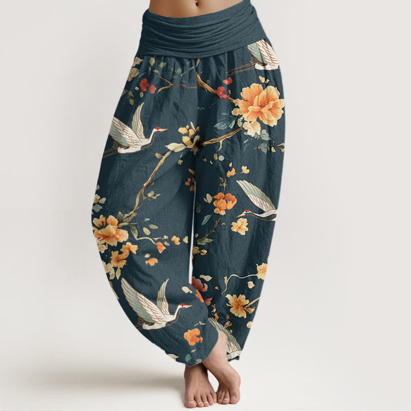 Buddha Stones Lässige Haremshose für Damen mit elastischer Taille und Kranich-Blumenzweig-Muster - Blaugrün - US22， UK/AU26，EU54 (6XL) - image 8