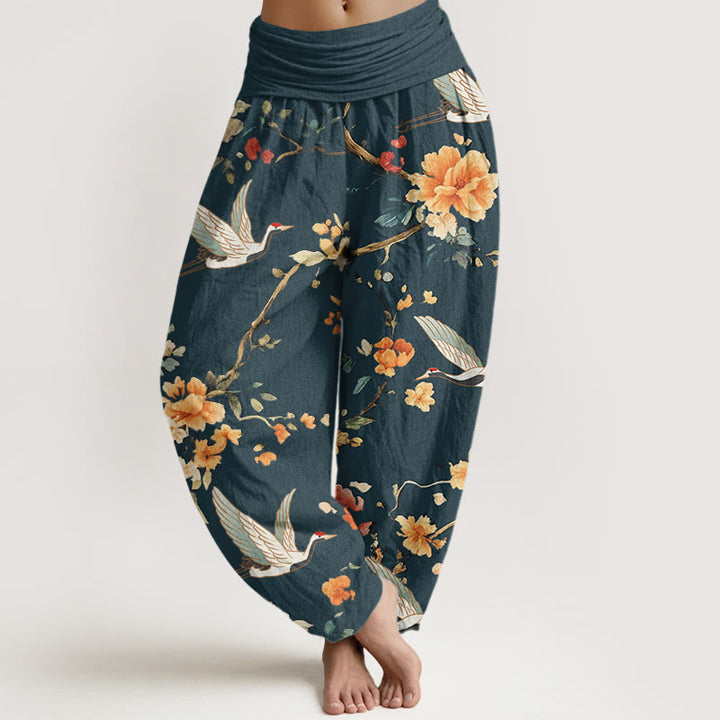 Buddha Stones Lässige Haremshose für Damen mit elastischer Taille und Kranich-Blumenzweig-Muster - Blaugrün - US22， UK/AU26，EU54 (6XL) - image 8