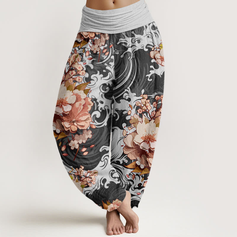 Buddha Stones Lässige Haremshose mit Wellen- und Blumenmuster für Damen, elastische Taille - Dunkelgrau - US22， UK/AU26，EU54 (6XL) - image 1