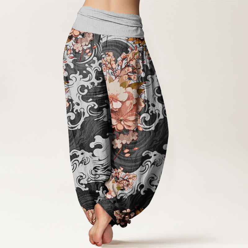 Buddha Stones Lässige Haremshose mit Wellen- und Blumenmuster für Damen, elastische Taille - image 3