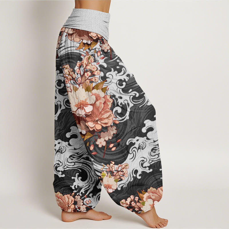Buddha Stones Lässige Haremshose mit Wellen- und Blumenmuster für Damen, elastische Taille - image 2