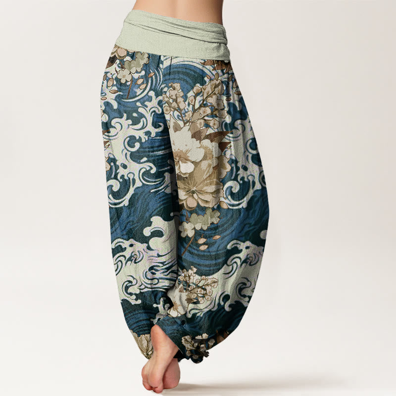 Buddha Stones Lässige Haremshose mit Wellen- und Blumenmuster für Damen, elastische Taille - image 7