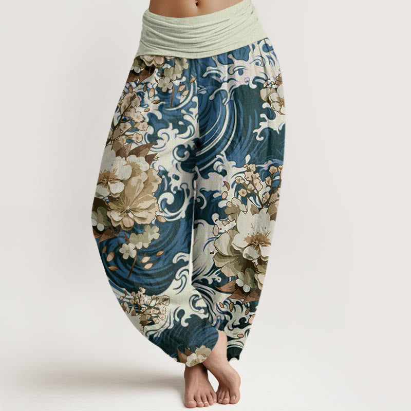 Buddha Stones Lässige Haremshose mit Wellen- und Blumenmuster für Damen, elastische Taille - Stahlblau - US22， UK/AU26，EU54 (6XL) - image 5
