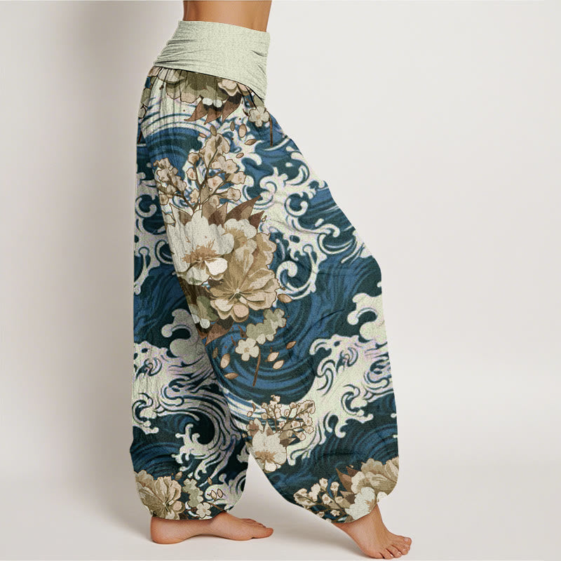 Buddha Stones Lässige Haremshose mit Wellen- und Blumenmuster für Damen, elastische Taille - image 6