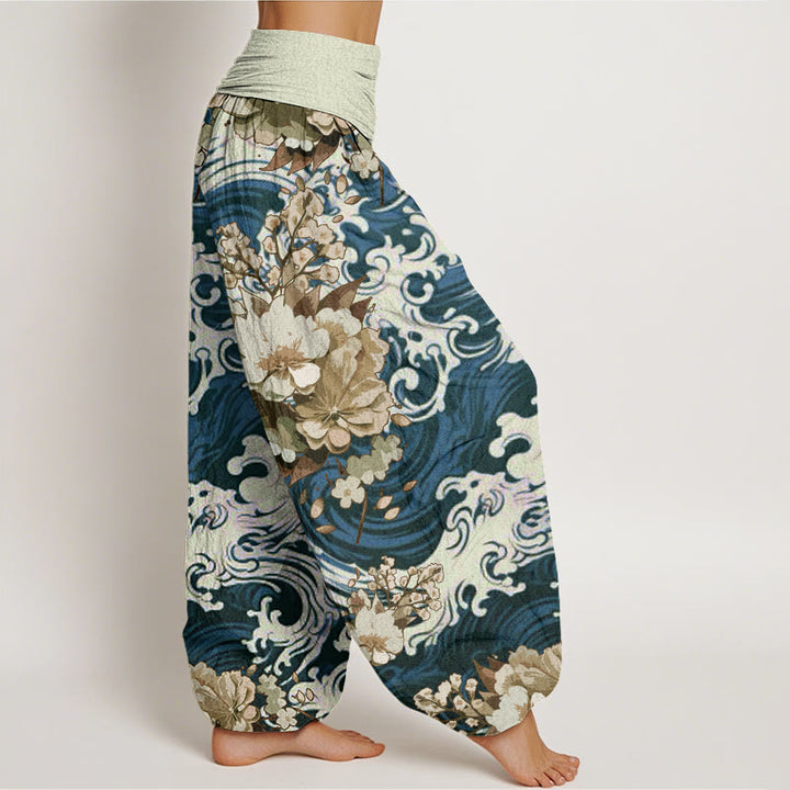 Buddha Stones Lässige Haremshose mit Wellen- und Blumenmuster für Damen, elastische Taille - image 6