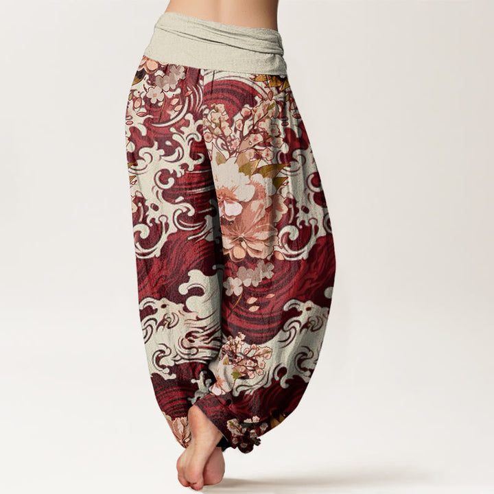 Buddha Stones Lässige Haremshose mit Wellen- und Blumenmuster für Damen, elastische Taille - image 10