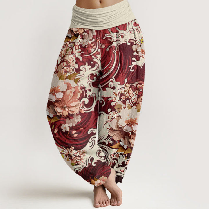 Buddha Stones Lässige Haremshose mit Wellen- und Blumenmuster für Damen, elastische Taille - Braun - US22， UK/AU26，EU54 (6XL) - image 8