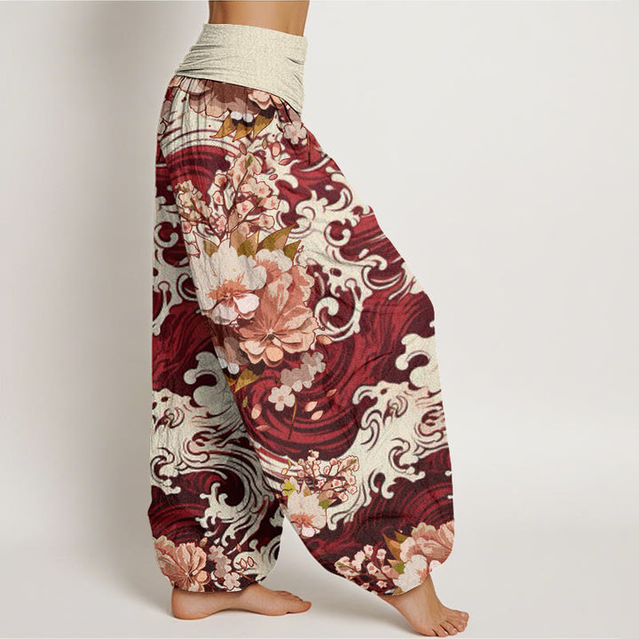 Buddha Stones Lässige Haremshose mit Wellen- und Blumenmuster für Damen, elastische Taille - image 9