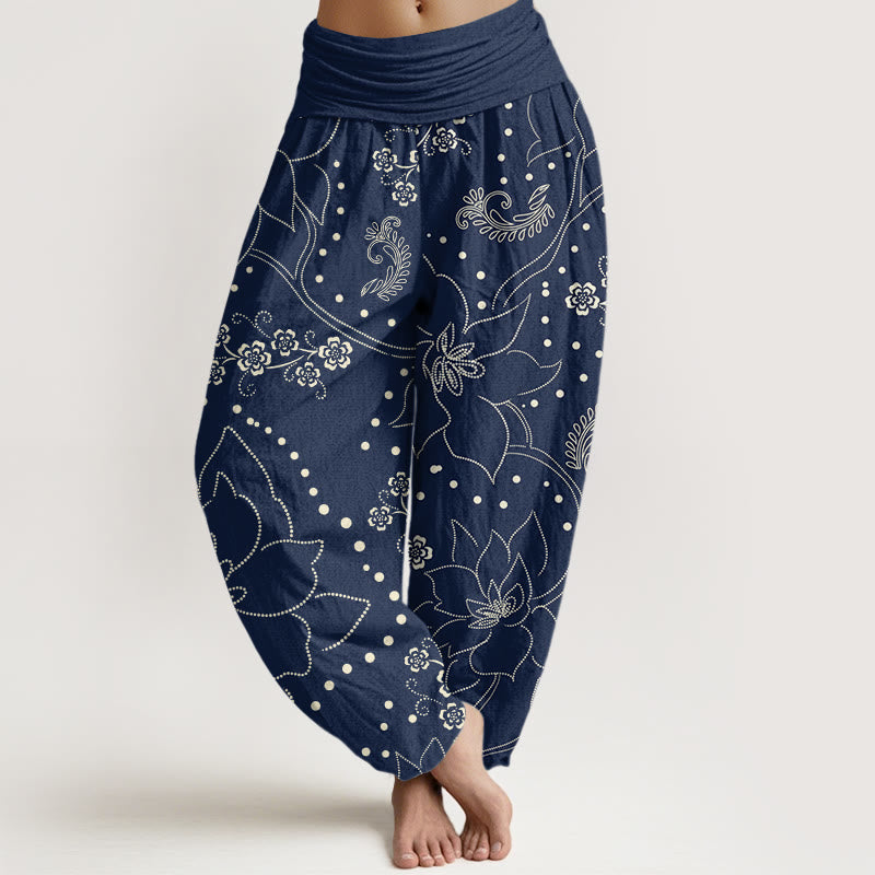 Buddha Stones Lässige Haremshose für Damen mit großem Blumen-/Blattmuster und elastischer Taille - Marine - US22， UK/AU26，EU54 (6XL) - image 1