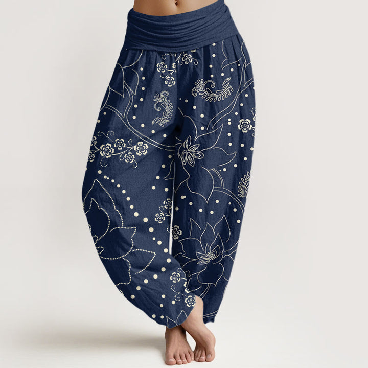 Buddha Stones Lässige Haremshose für Damen mit großem Blumen-/Blattmuster und elastischer Taille - Marine - US22， UK/AU26，EU54 (6XL) - image 1