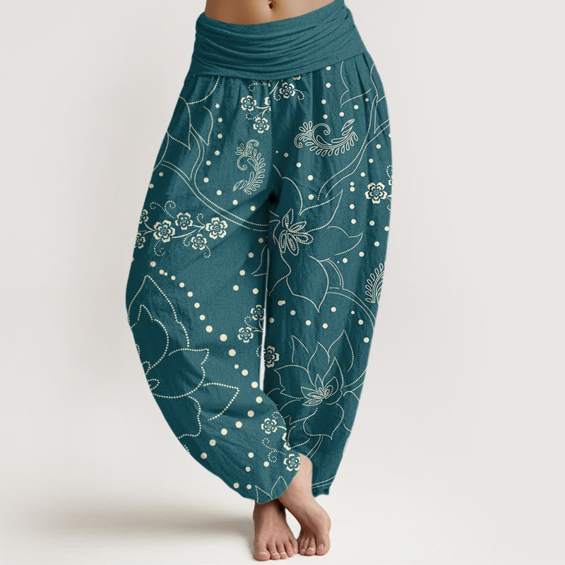 Buddha Stones Lässige Haremshose für Damen mit großem Blumen-/Blattmuster und elastischer Taille - Blaugrün - US22， UK/AU26，EU54 (6XL) - image 5