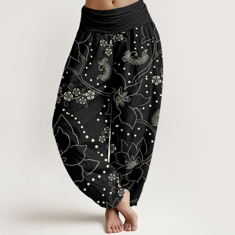 Buddha Stones Lässige Haremshose für Damen mit großem Blumen-/Blattmuster und elastischer Taille - Schwarz - US22， UK/AU26，EU54 (6XL) - image 8