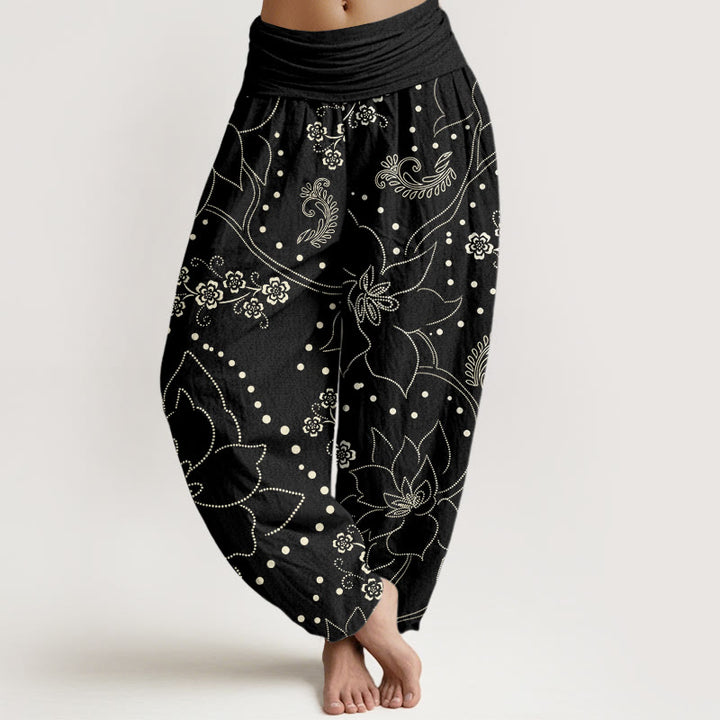 Buddha Stones Lässige Haremshose für Damen mit großem Blumen-/Blattmuster und elastischer Taille - Schwarz - US22， UK/AU26，EU54 (6XL) - image 8