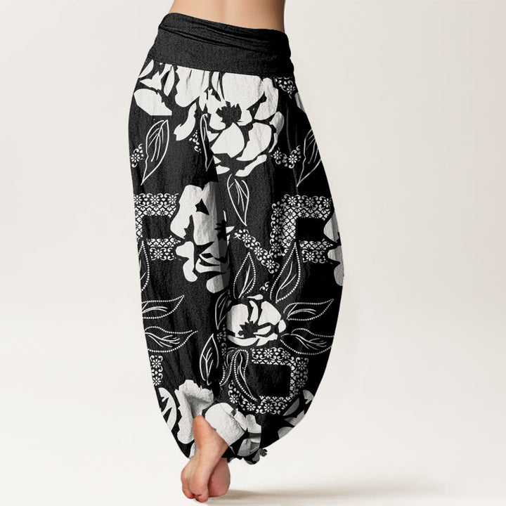 Buddha Stones Lässige, schlichte Haremshose mit Blumen- und Blattmuster für Damen, elastische Taille - image 3