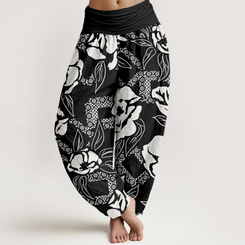 Buddha Stones Lässige, schlichte Haremshose mit Blumen- und Blattmuster für Damen, elastische Taille - Schwarz - US22， UK/AU26，EU54 (6XL) - image 1