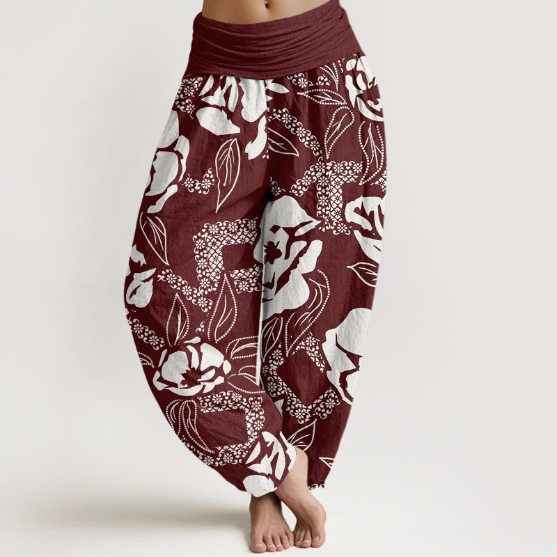 Buddha Stones Lässige, schlichte Haremshose mit Blumen- und Blattmuster für Damen, elastische Taille - Kastanienbraun - US22， UK/AU26，EU54 (6XL) - image 5