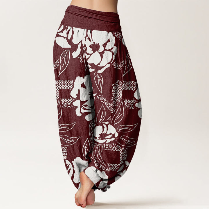 Buddha Stones Lässige, schlichte Haremshose mit Blumen- und Blattmuster für Damen, elastische Taille - image 7