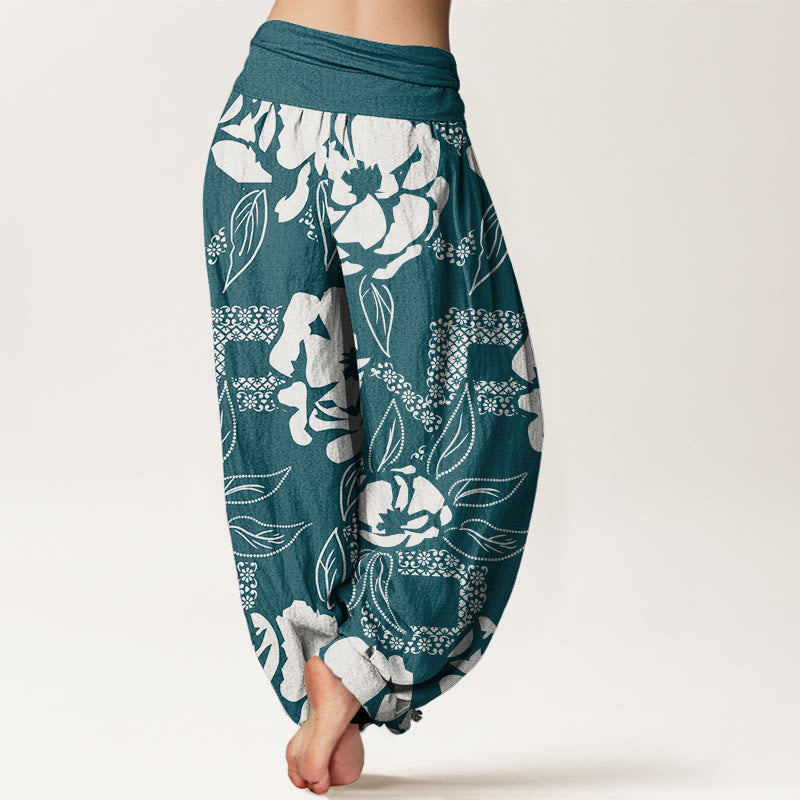 Buddha Stones Lässige, schlichte Haremshose mit Blumen- und Blattmuster für Damen, elastische Taille - image 10