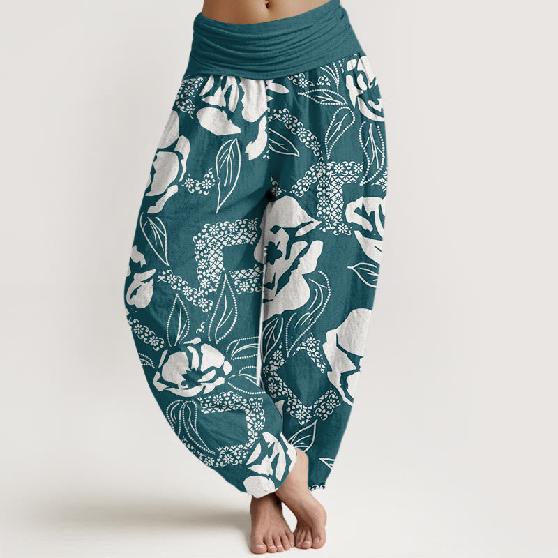Buddha Stones Lässige, schlichte Haremshose mit Blumen- und Blattmuster für Damen, elastische Taille - Blaugrün - US22， UK/AU26，EU54 (6XL) - image 8