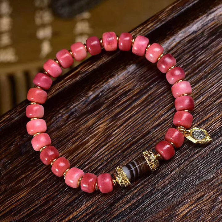 Buddha Stones Tibetisches Kamelknochen-Kupfer-Rot-Achat-Glücksarmband