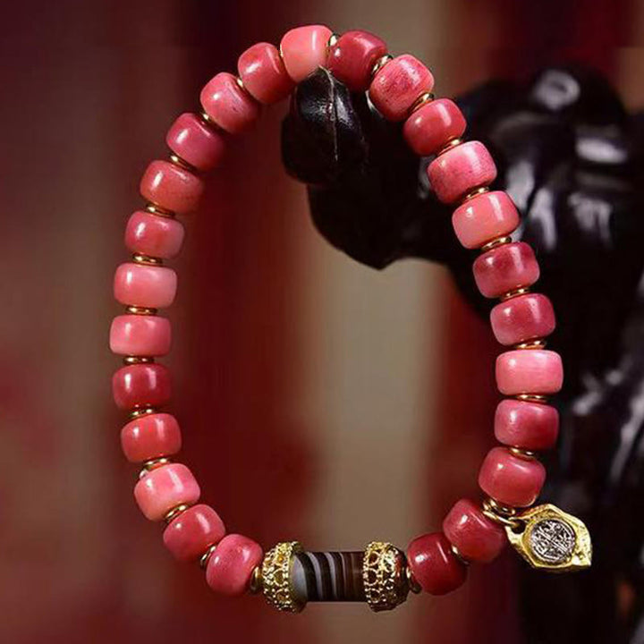 Buddha Stones Tibetisches Kamelknochen-Kupfer-Rot-Achat-Glücksarmband
