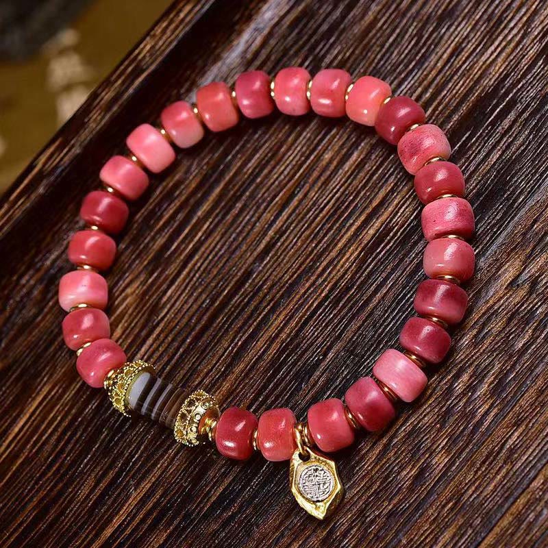 Buddha Stones Tibetisches Kamelknochen-Kupfer-Rot-Achat-Glücksarmband