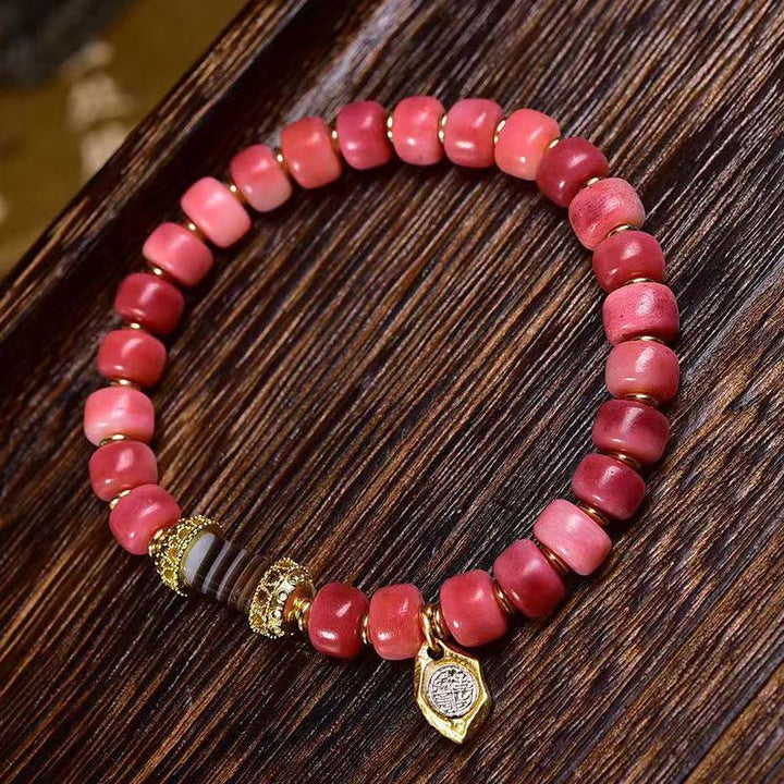 Buddha Stones Tibetisches Kamelknochen-Kupfer-Rot-Achat-Glücksarmband