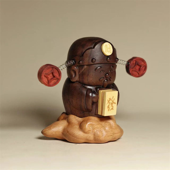 Buddha Stones, Gott des Reichtums, Caishen, schwarze Walnuss, Buche, Statue, Fu-Charakter, Kupfermünzen, Heimdekoration