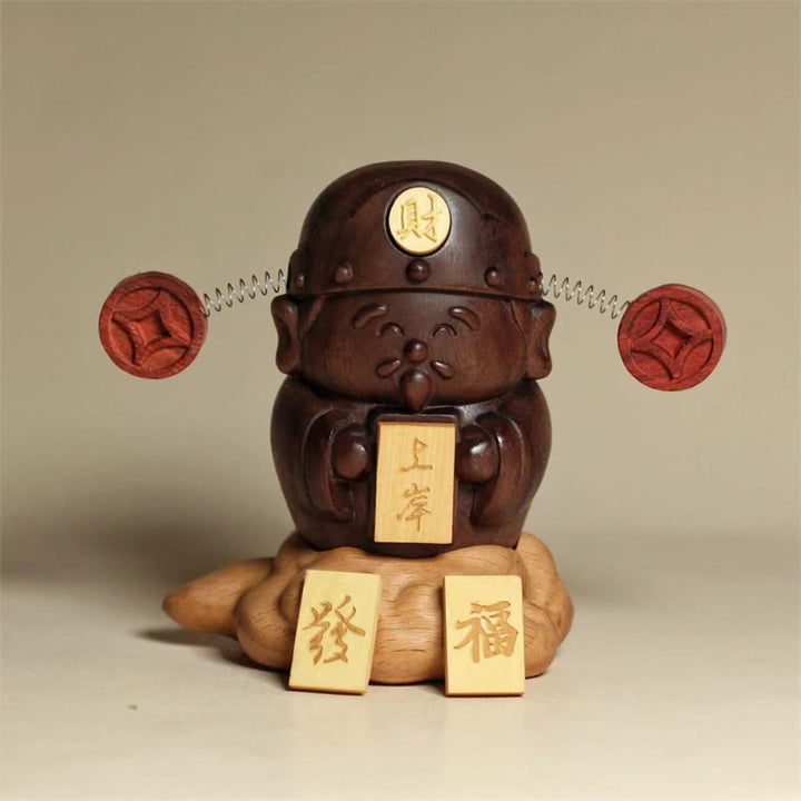Buddha Stones, Gott des Reichtums, Caishen, schwarze Walnuss, Buche, Statue, Fu-Charakter, Kupfermünzen, Heimdekoration
