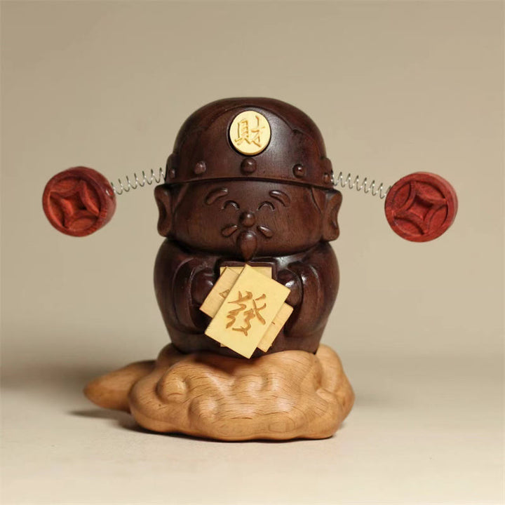 Buddha Stones, Gott des Reichtums, Caishen, schwarze Walnuss, Buche, Statue, Fu-Charakter, Kupfermünzen, Heimdekoration