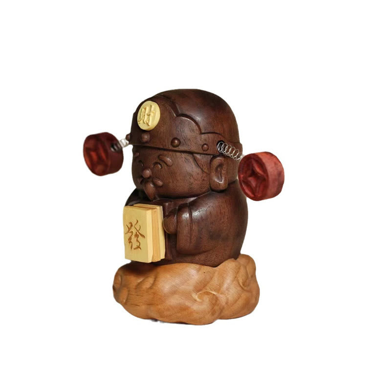 Buddha Stones, Gott des Reichtums, Caishen, schwarze Walnuss, Buche, Statue, Fu-Charakter, Kupfermünzen, Heimdekoration