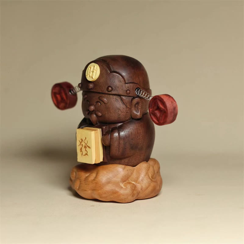 Buddha Stones, Gott des Reichtums, Caishen, schwarze Walnuss, Buche, Statue, Fu-Charakter, Kupfermünzen, Heimdekoration
