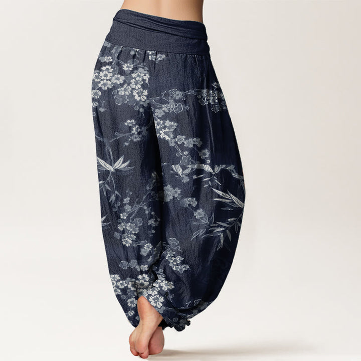 Buddha Stones Damen-Haremshose aus reiner Baumwolle mit weißem Sakura-Blumenmuster und elastischer Taille