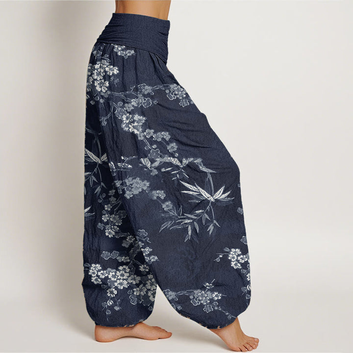 Buddha Stones Damen-Haremshose aus reiner Baumwolle mit weißem Sakura-Blumenmuster und elastischer Taille