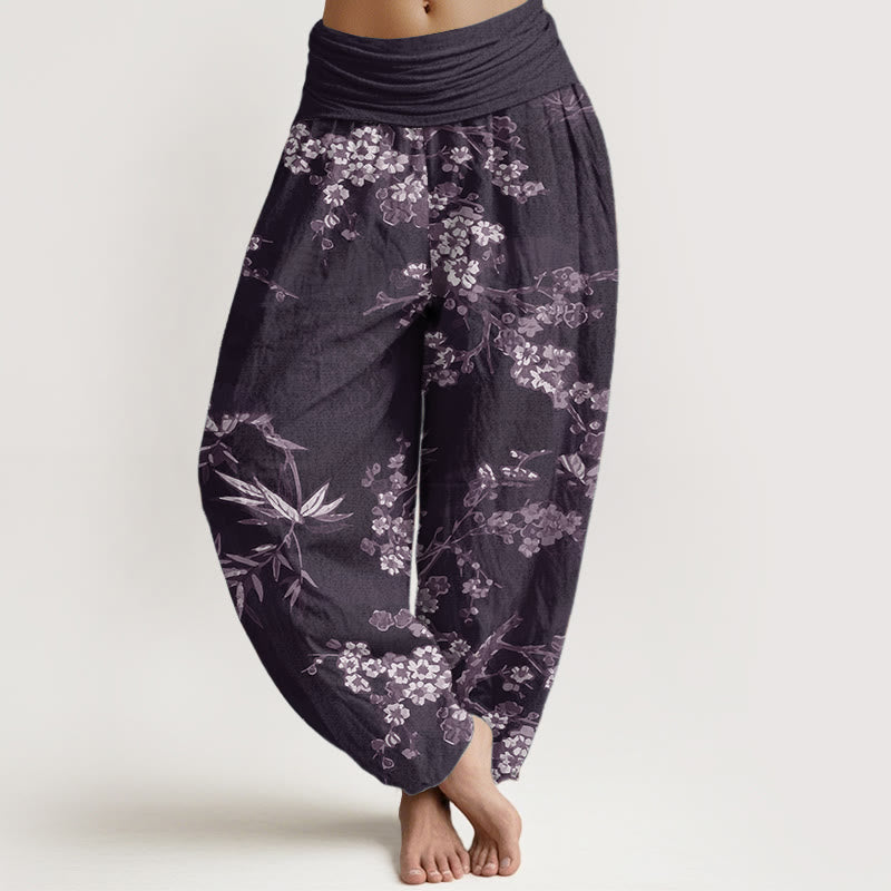 Buddha Stones Damen-Haremshose aus reiner Baumwolle mit weißem Sakura-Blumenmuster und elastischer Taille