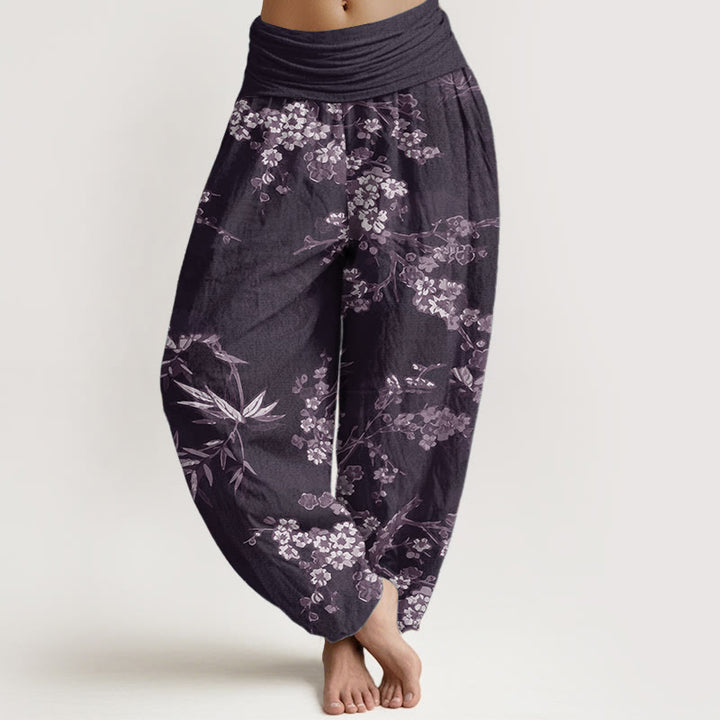 Buddha Stones Damen-Haremshose aus reiner Baumwolle mit weißem Sakura-Blumenmuster und elastischer Taille