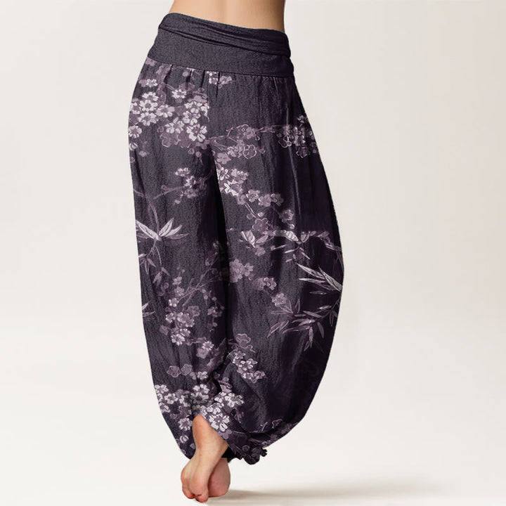 Buddha Stones Damen-Haremshose aus reiner Baumwolle mit weißem Sakura-Blumenmuster und elastischer Taille