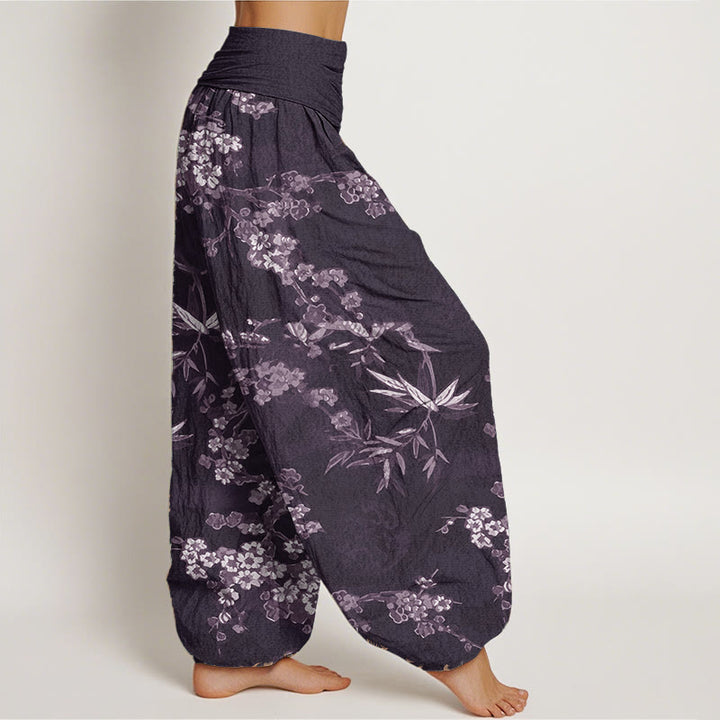 Buddha Stones Damen-Haremshose aus reiner Baumwolle mit weißem Sakura-Blumenmuster und elastischer Taille