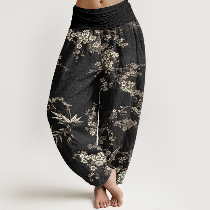 Buddha Stones Damen-Haremshose aus reiner Baumwolle mit weißem Sakura-Blumenmuster und elastischer Taille