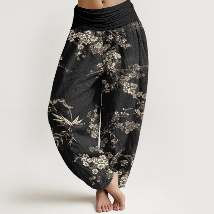 Buddha Stones Damen-Haremshose aus reiner Baumwolle mit weißem Sakura-Blumenmuster und elastischer Taille