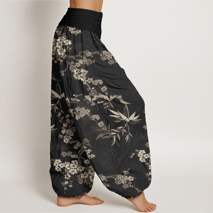 Buddha Stones Damen-Haremshose aus reiner Baumwolle mit weißem Sakura-Blumenmuster und elastischer Taille