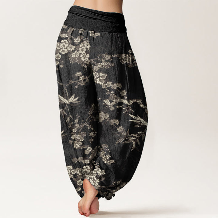 Buddha Stones Damen-Haremshose aus reiner Baumwolle mit weißem Sakura-Blumenmuster und elastischer Taille