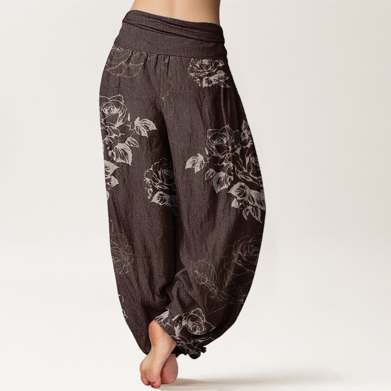 Buddha Stones Damen Haremshose aus reiner Baumwolle mit Rosen- und Pfingstrosen-Blumenmuster und elastischer Taille