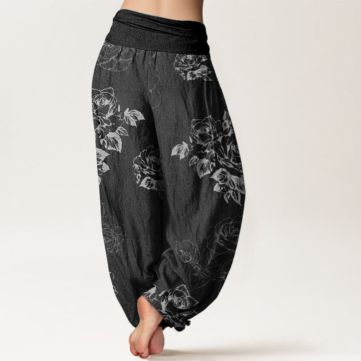 Buddha Stones Damen Haremshose aus reiner Baumwolle mit Rosen- und Pfingstrosen-Blumenmuster und elastischer Taille
