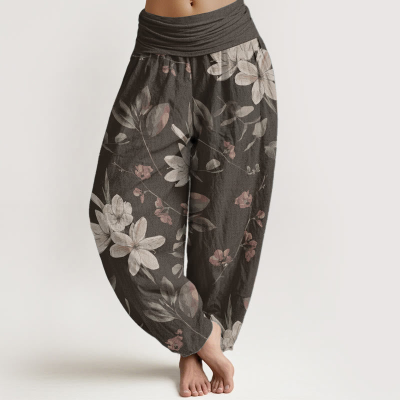 Buddha Stones Damen Haremshose aus reiner Baumwolle mit Blumenmuster und Blättern, elastischer Bund